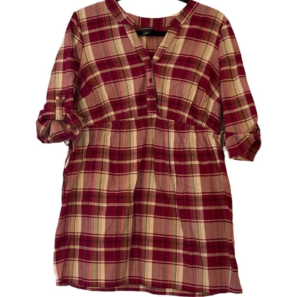 Oh Baby‎ Maternity Size Large Red/Tan Plaid Button-up Shirt Tunic By Motherhood
